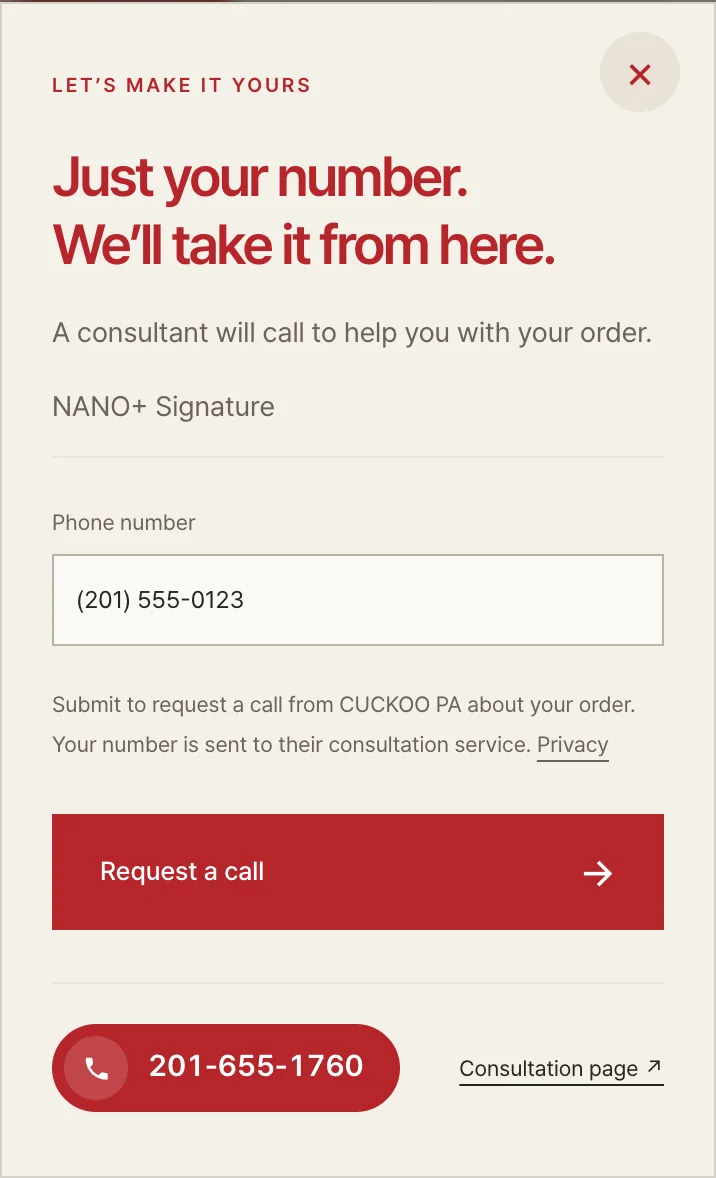 The order window with a phone number entered