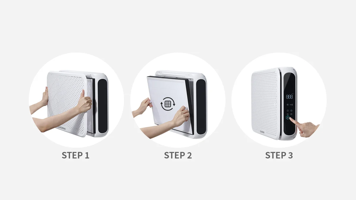 Three-step guide showing how to open the air purifier front cover, replace the filter, and operate the control panel. (CAC-AA0910FW)