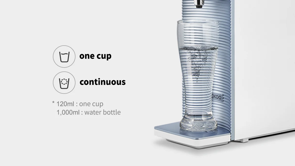 CUCKOO Fit Water Purifier showing "one cup" (120ml) and "continuous" (1,000ml) dispensing mode options with a glass of water. (CP-MN031)