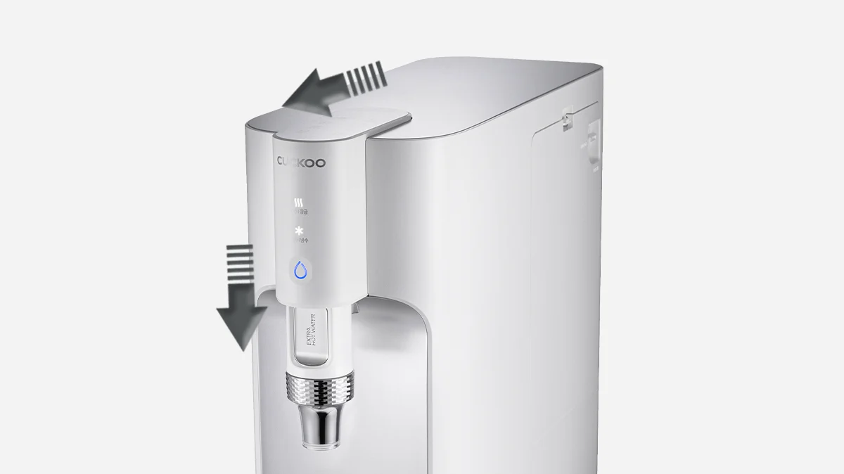 TN100 water purifier with arrows showing the sliding top cover and vertical nozzle movement. (CP-TN100)