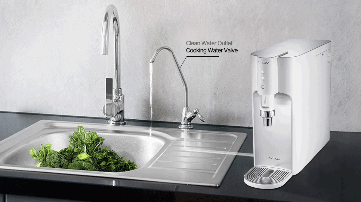 Water purifier connected to a kitchen sink with labels highlighting its clean water outlet and cooking water valve features. (CP-TN100)