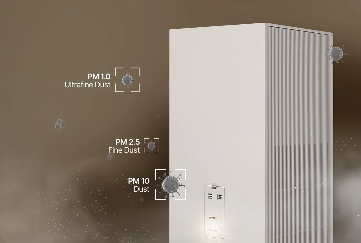 Inspure Heritage air purifier targeting and filtering various particle sizes, including PM 1.0, PM 2.5, and PM 10 dust. (CAC-AH2810FNW)
