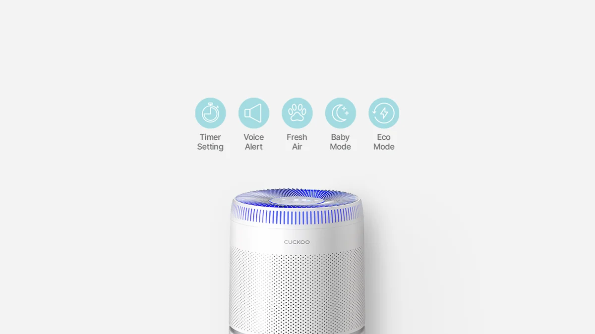 CUCKOO air purifier with icons highlighting features: Timer Setting, Voice Alert, Fresh Air, Baby Mode, and Eco Mode. (CAC-F3010FW)