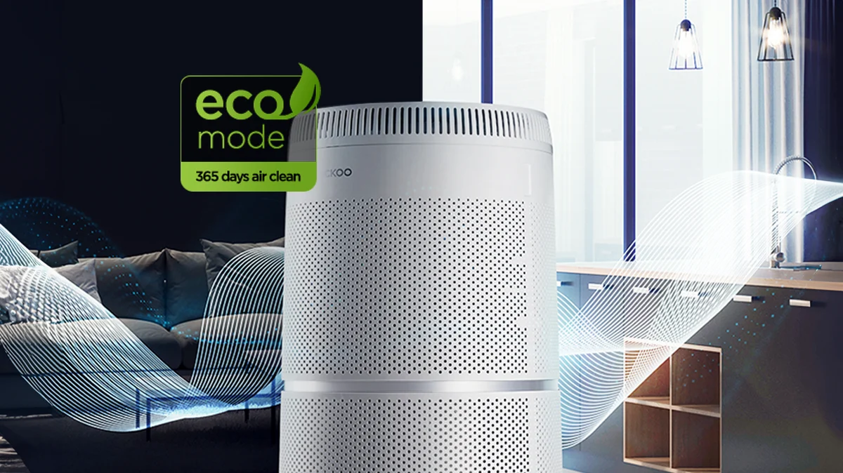 CUCKOO air purifier highlighted with an Eco Mode logo, illustrating efficient, year-round air cleaning in a home setting. (CAC-F3010FW)