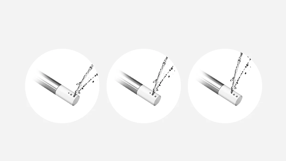 Three circular close-ups showing the Cuckoo bidet nozzle spraying water at different angles or settings. (CBT-I1030RW)