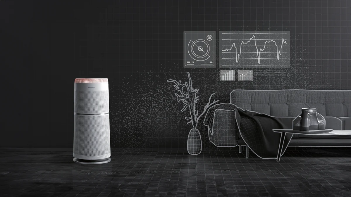 CUCKOO air purifier with a digital overlay illustrating AI-powered space detection and real-time air quality analysis. (CAC-F3010FW)