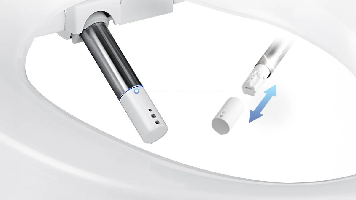 Illustration showing the detachable spray nozzle tip of the Cuckoo bidet seat for easy cleaning and maintenance. (CBT-I1030RW)