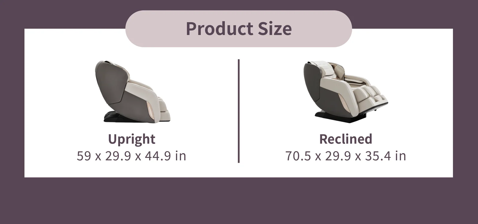Product size comparison graphic showing two views of a massage chair: upright at 59 x 29.9 x 44 inches, reclined at 70.5 x 29.9 x 35.4 inches.