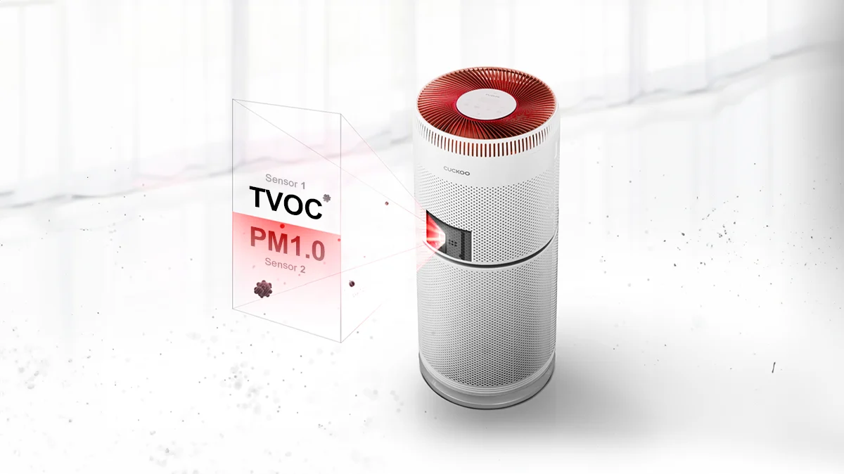 CUCKOO air purifier with a digital overlay illustrating TVOC and PM1.0 sensor detection for monitoring indoor air quality. (CAC-F3010FW)