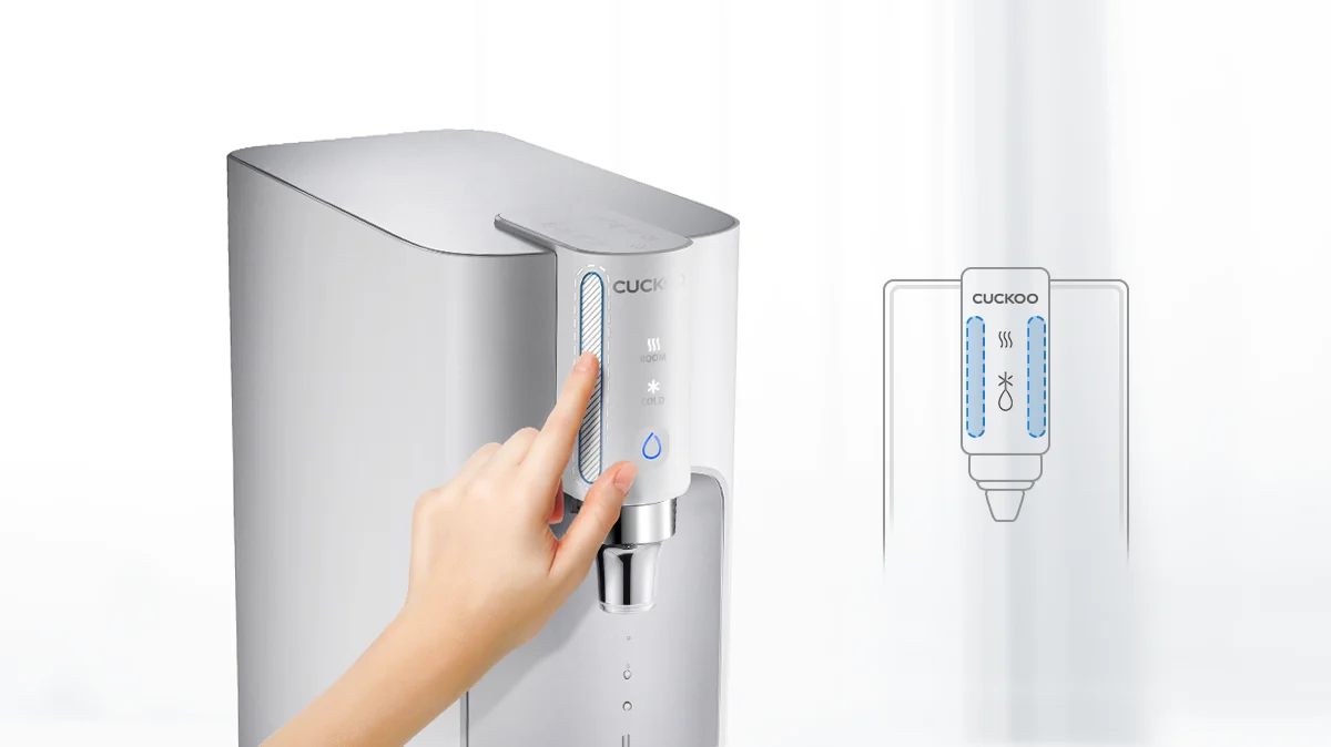 CUCKOO TN102 Water Purifier showing a hand touching the control panel next to an illustrative diagram. (cp-tn102)