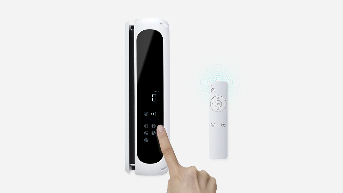 Ultra-slim wall-mounted air purifier being controlled via touch panel and a wireless remote control. (CAC-AA0910FW)