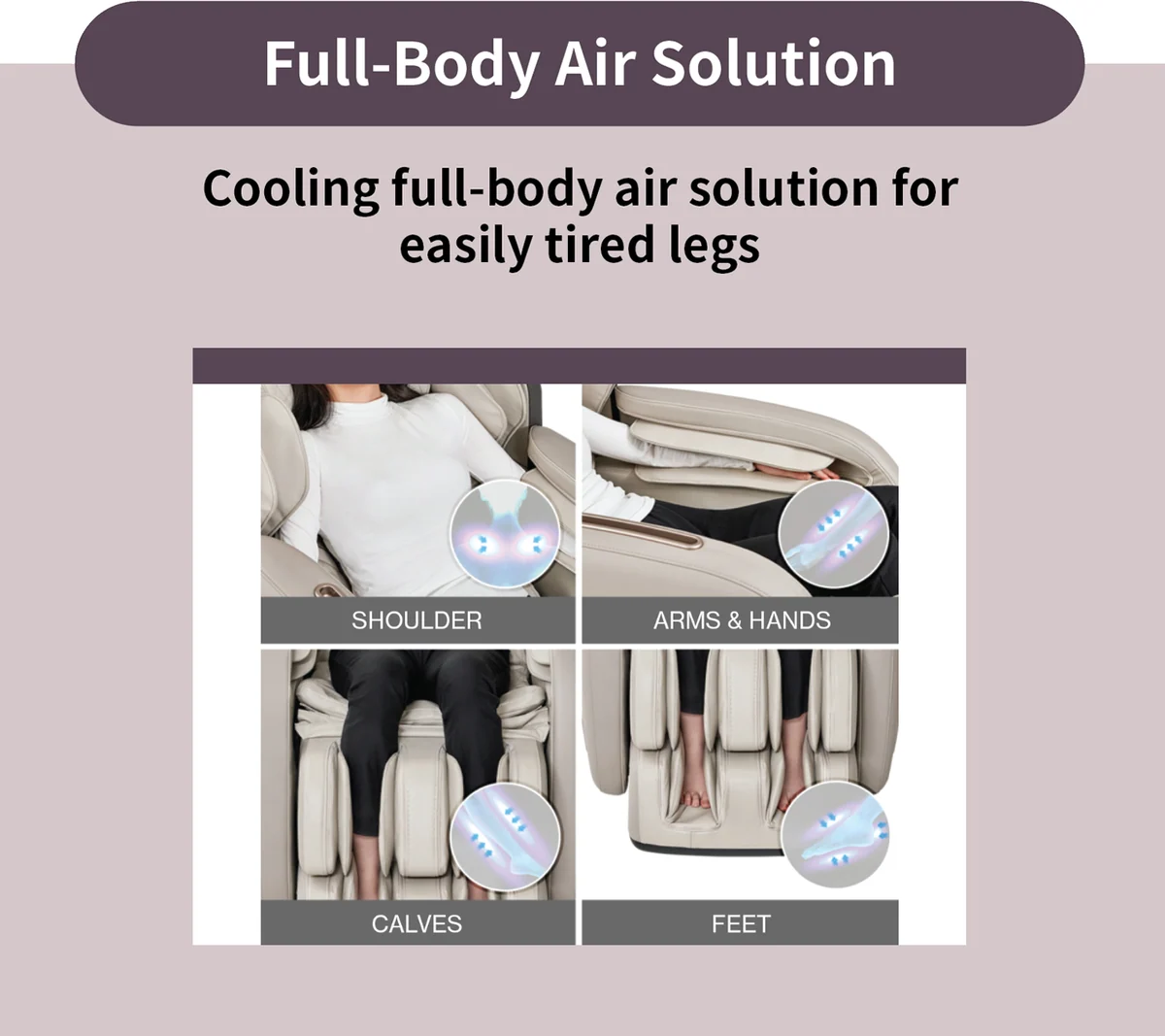 Renature Full-Body Air Solution diagram illustrating cooling air massage for shoulders, arms and hands, calves, and feet. (CMS-D10SLGB)