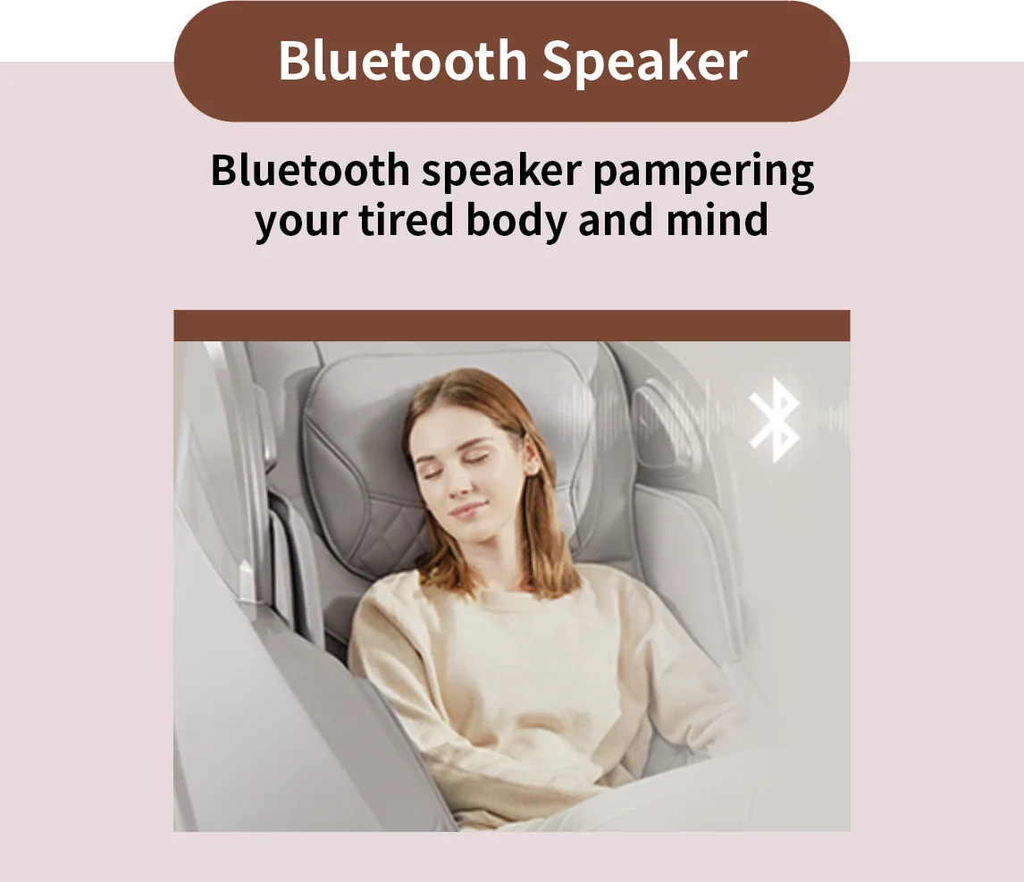 Renature 4D Massage Chair Bluetooth speaker feature with a user relaxing, pampering tired body and mind. (CMS-E410CP)