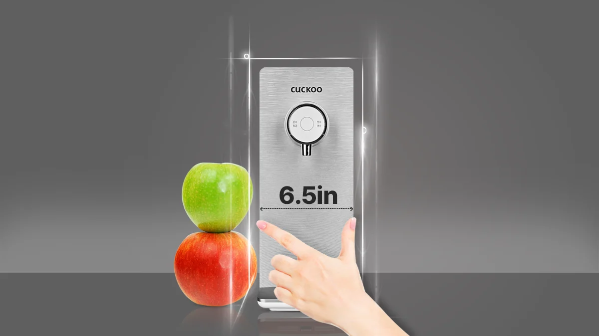 CUCKOO Metallic Slim Water Purifier showing a slim 6.5-inch width compared next to stacked 2 apples for scale. (CP-P012)