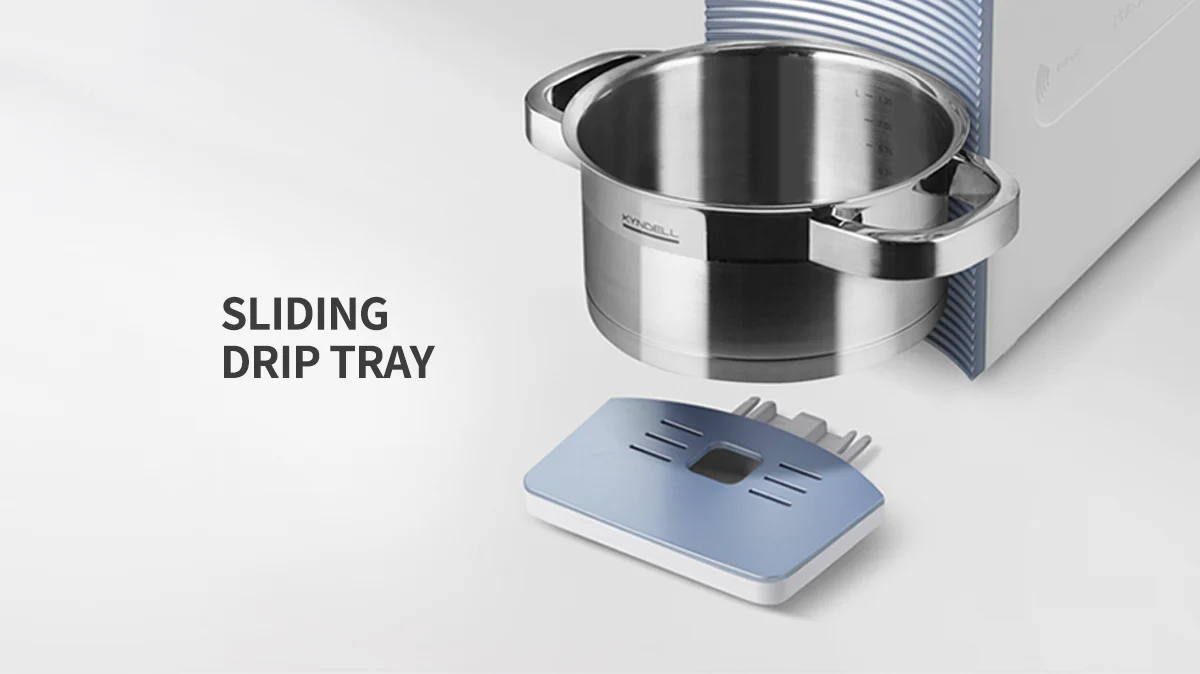CUCKOO Fit Water Purifier with a sliding drip tray accommodating a large pot for flexible support. (CP-MN031)